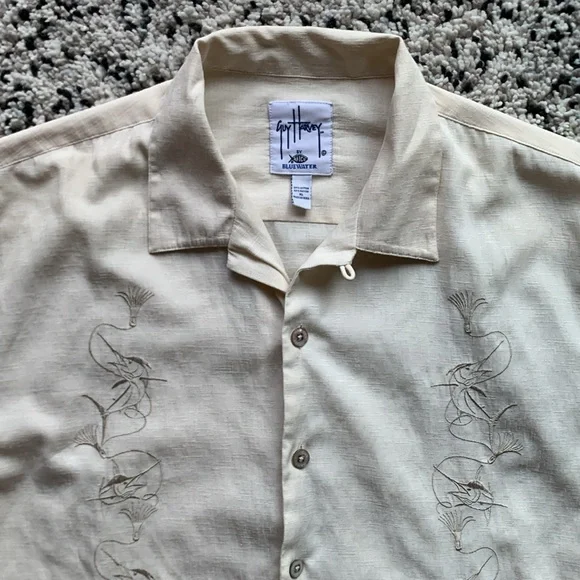 AFTCO Bluewater x Guy Harvey Marlin Embroidered Button Down Shirt Cream Size XL - Picture 5 of 13